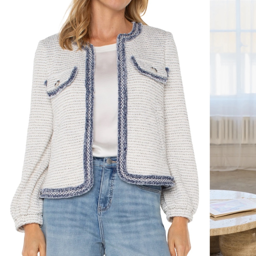 Collarless cream navy boucle jacket